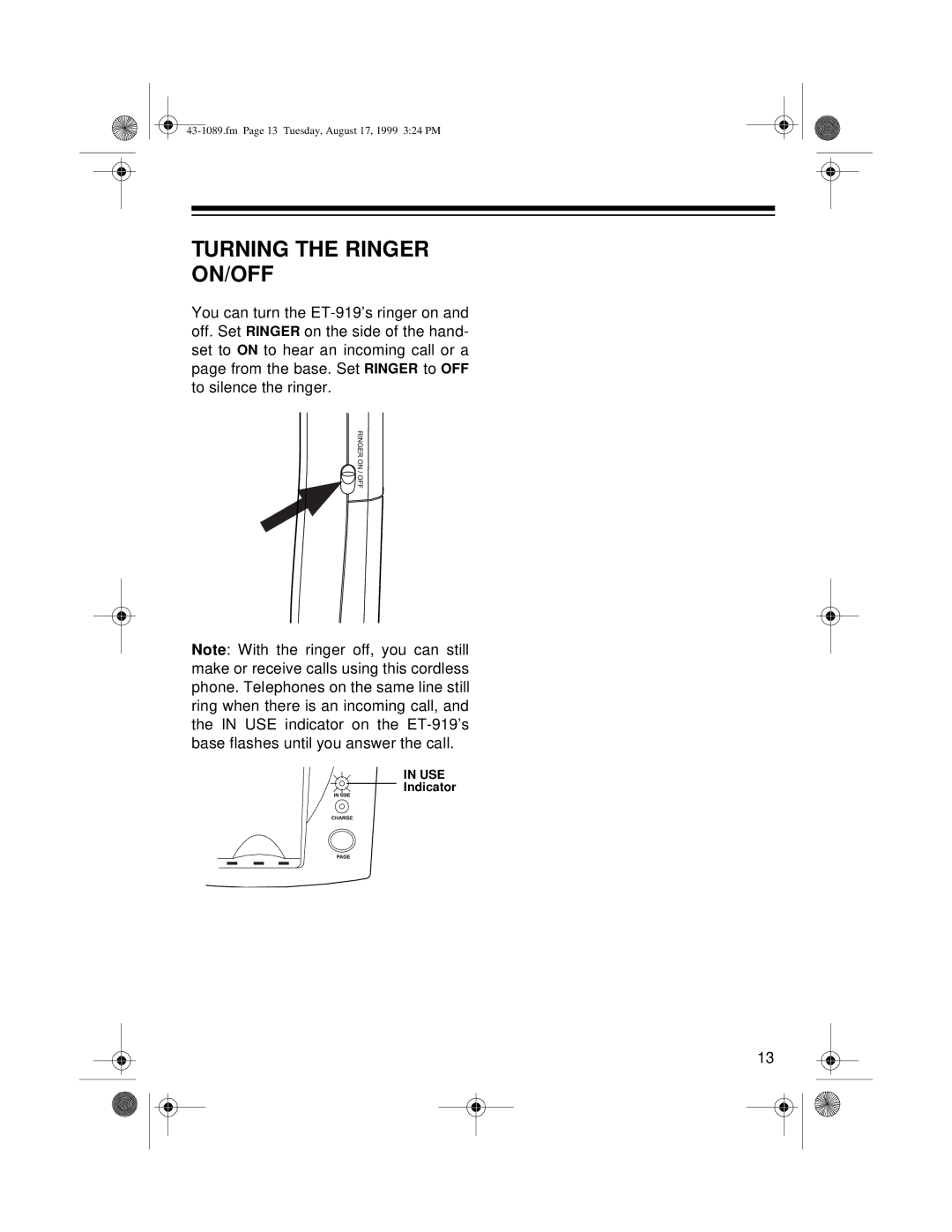 Radio Shack ET-919 owner manual Turning the Ringer ON/OFF 