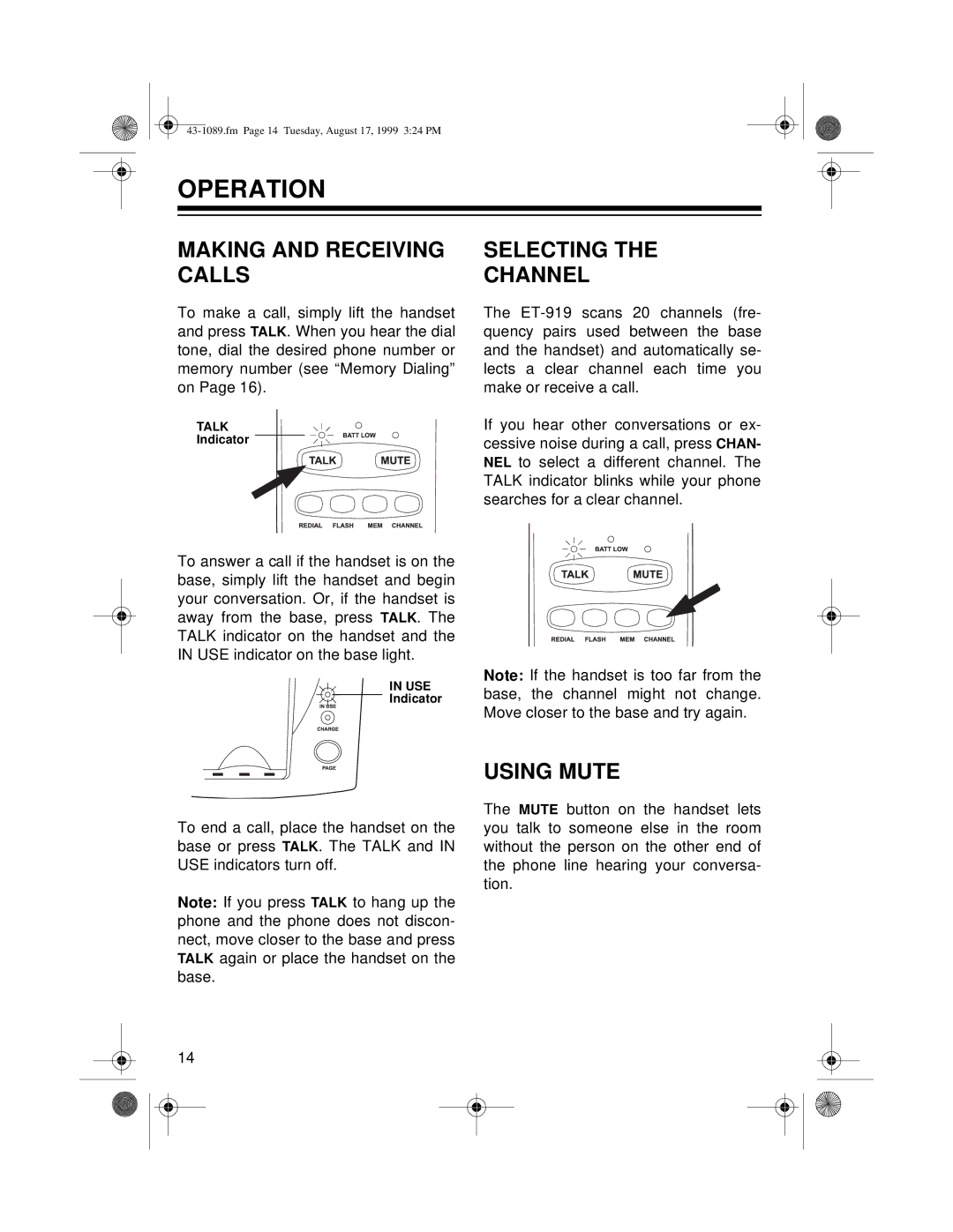 Radio Shack ET-919 owner manual Operation, Making and Receiving Calls, Selecting Channel, Using Mute 