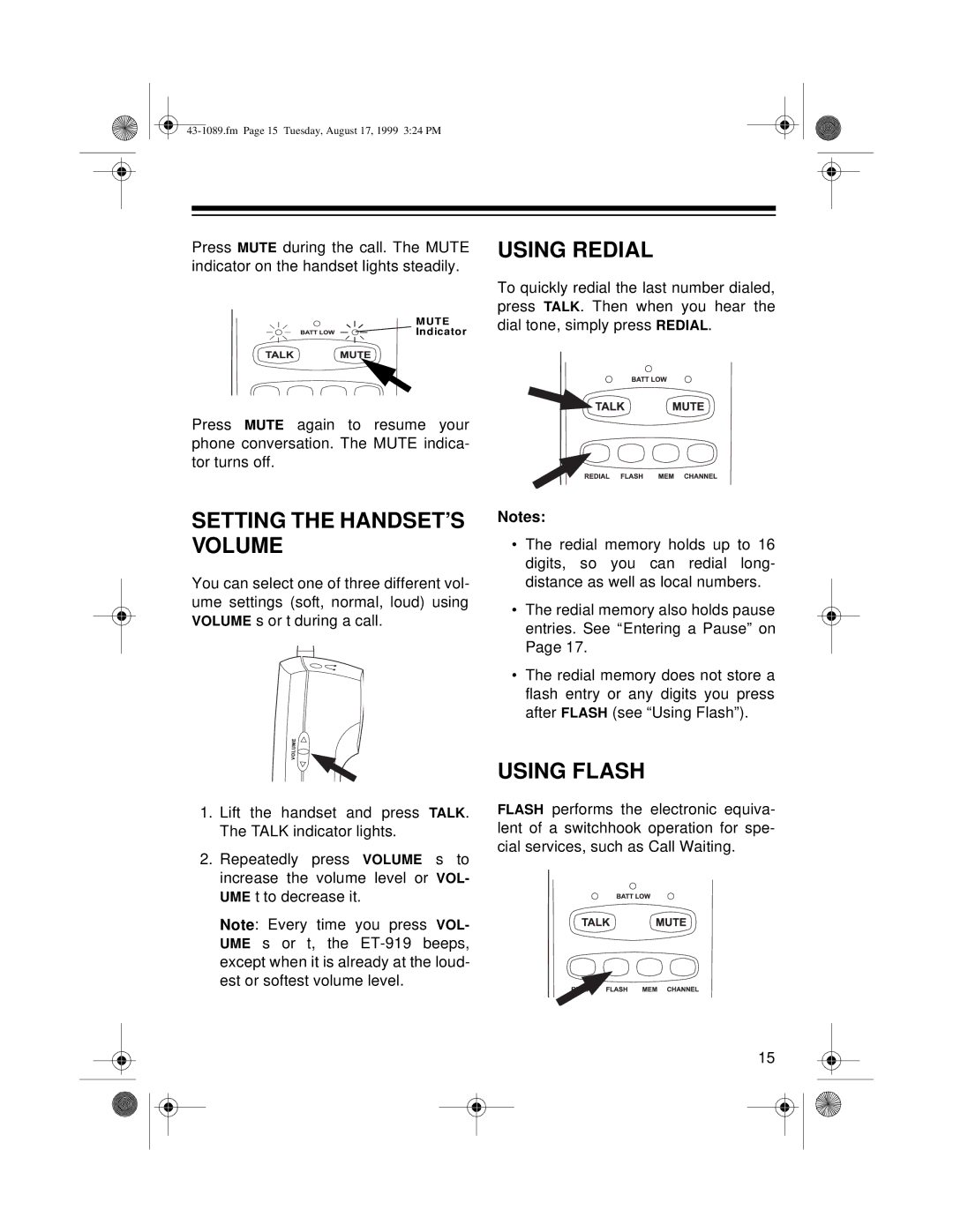 Radio Shack ET-919 owner manual Setting the HANDSET’S Volume, Using Redial, Using Flash 