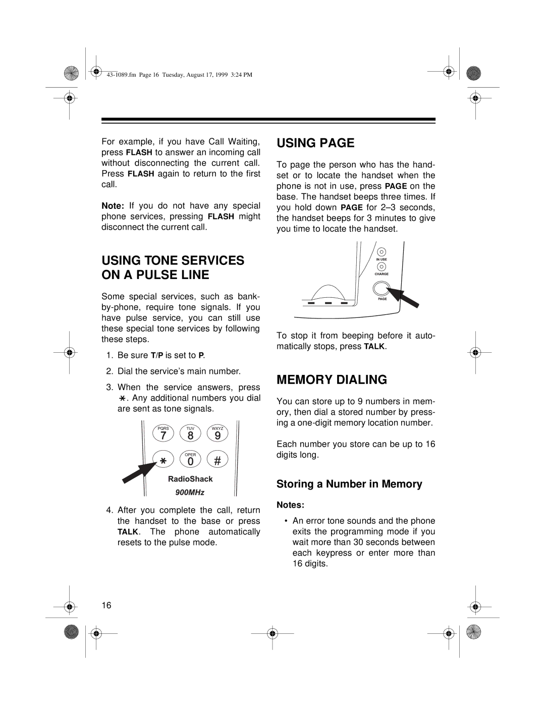 Radio Shack ET-919 owner manual Using, Memory Dialing 