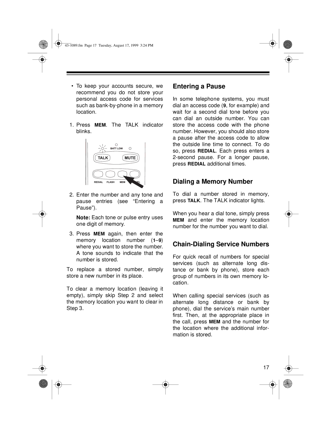 Radio Shack ET-919 owner manual Entering a Pause 