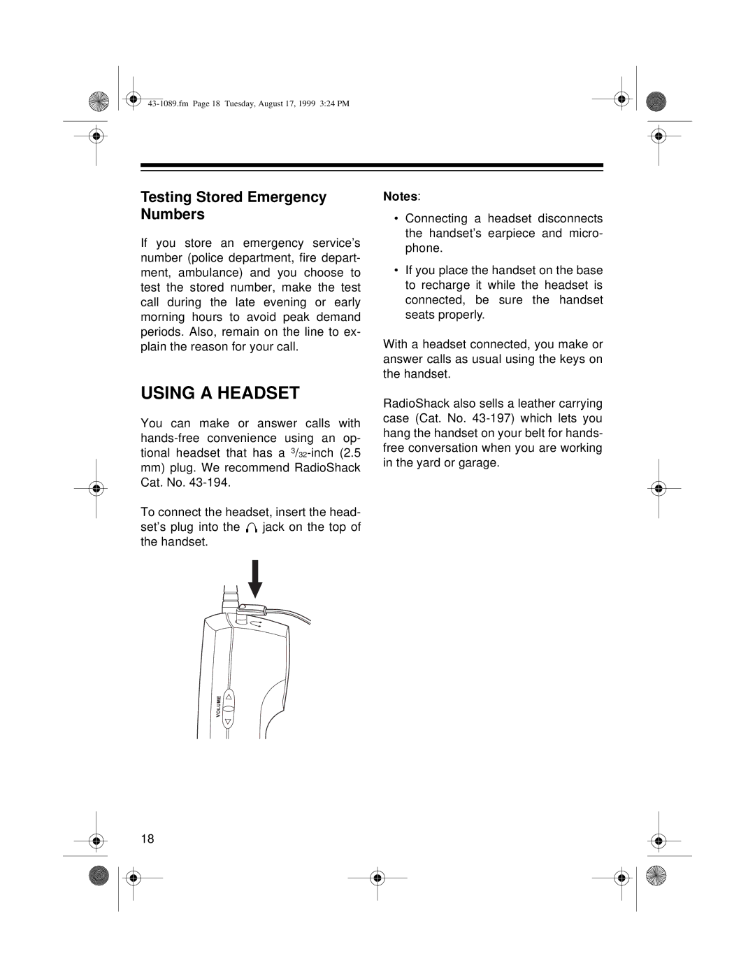 Radio Shack ET-919 owner manual Using a Headset, Testing Stored Emergency Numbers 