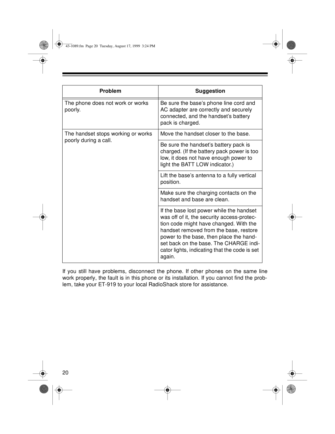 Radio Shack ET-919 owner manual Fm Page 20 Tuesday, August 17, 1999 324 PM 