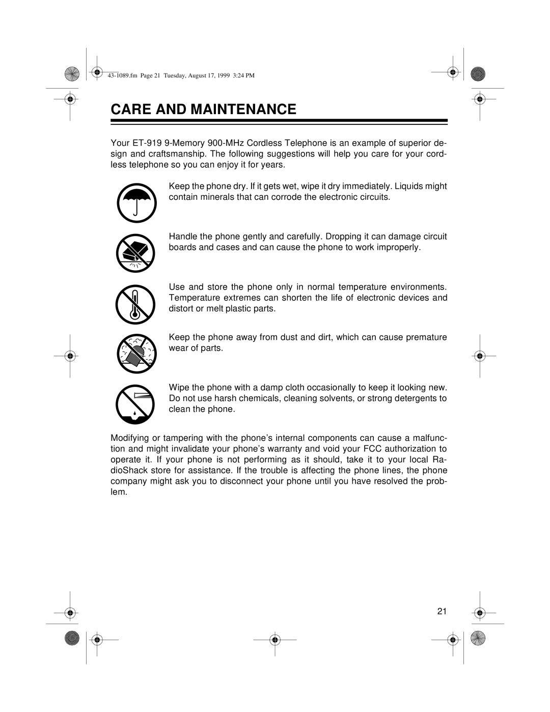 Radio Shack ET-919 owner manual Care and Maintenance 