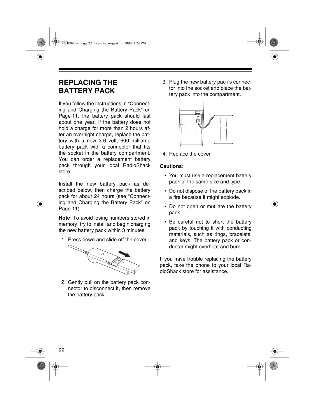 Radio Shack ET-919 owner manual Replacing Battery Pack 