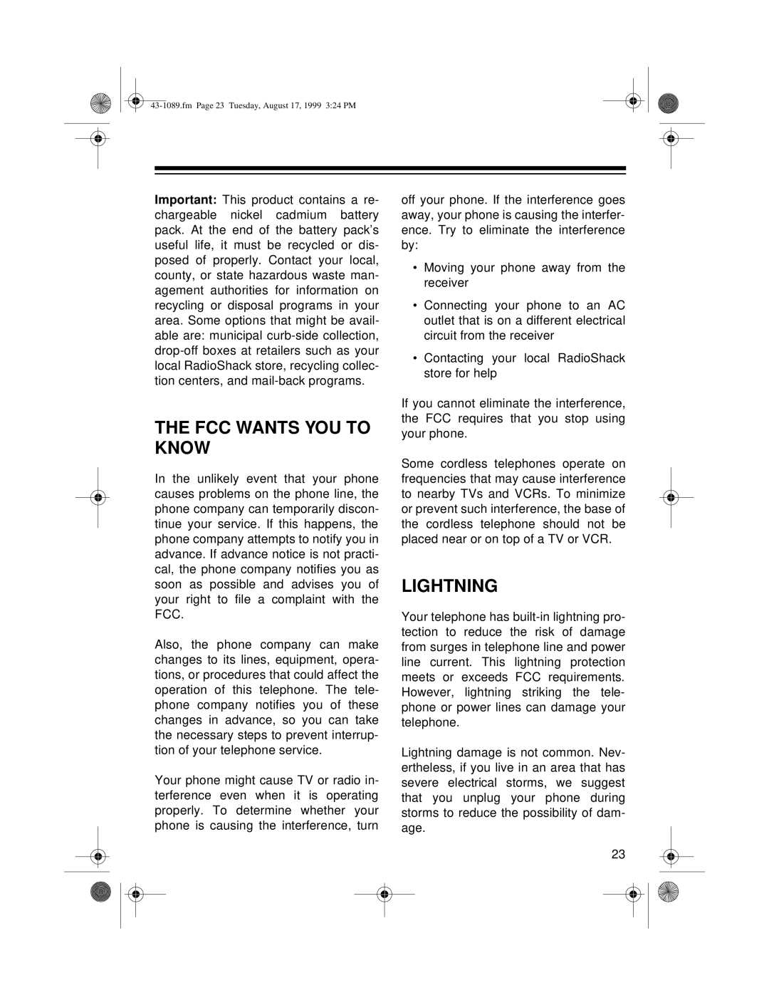 Radio Shack ET-919 owner manual FCC Wants YOU to Know, Lightning 