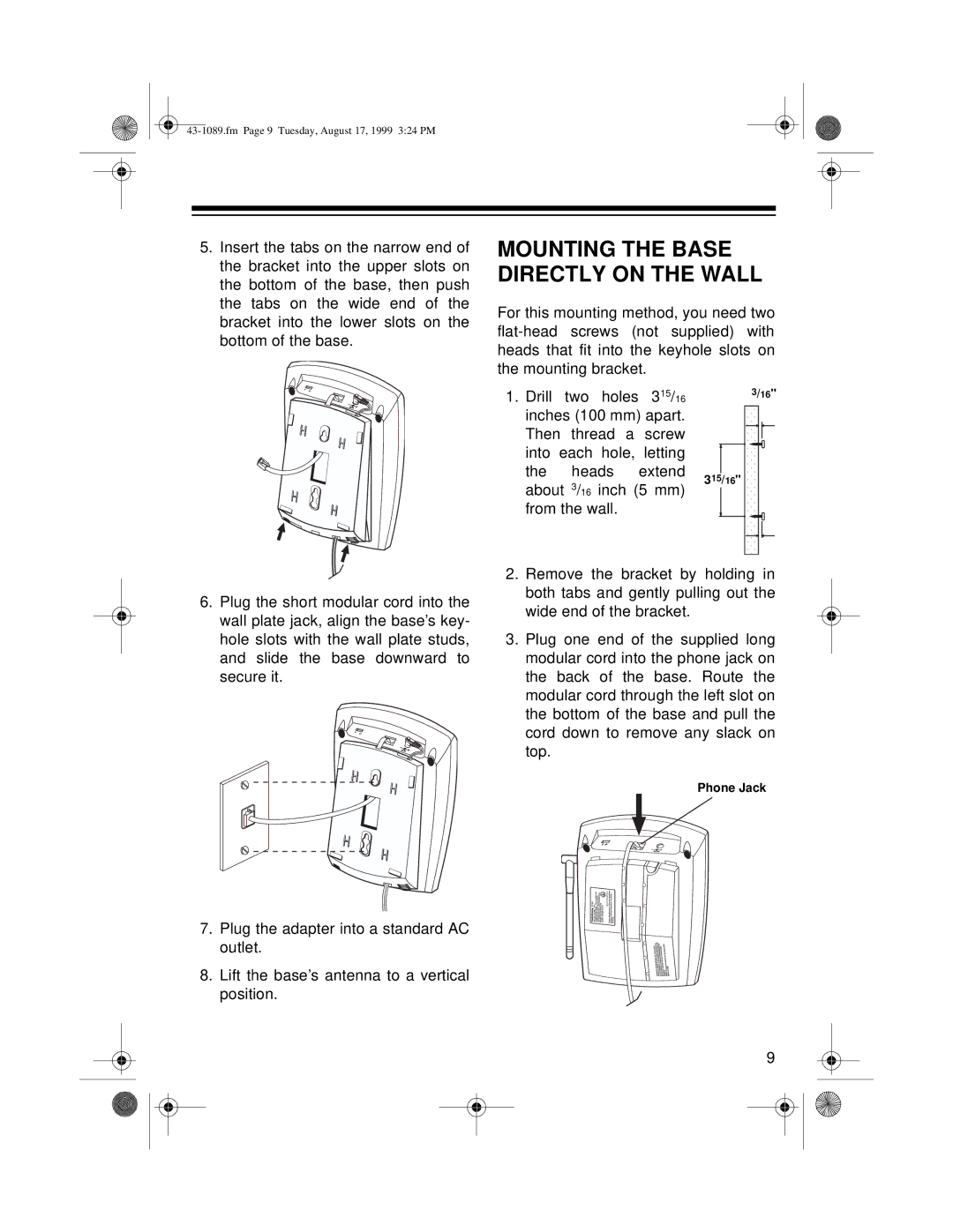 Radio Shack ET-919 owner manual Mounting the Base Directly on the Wall 