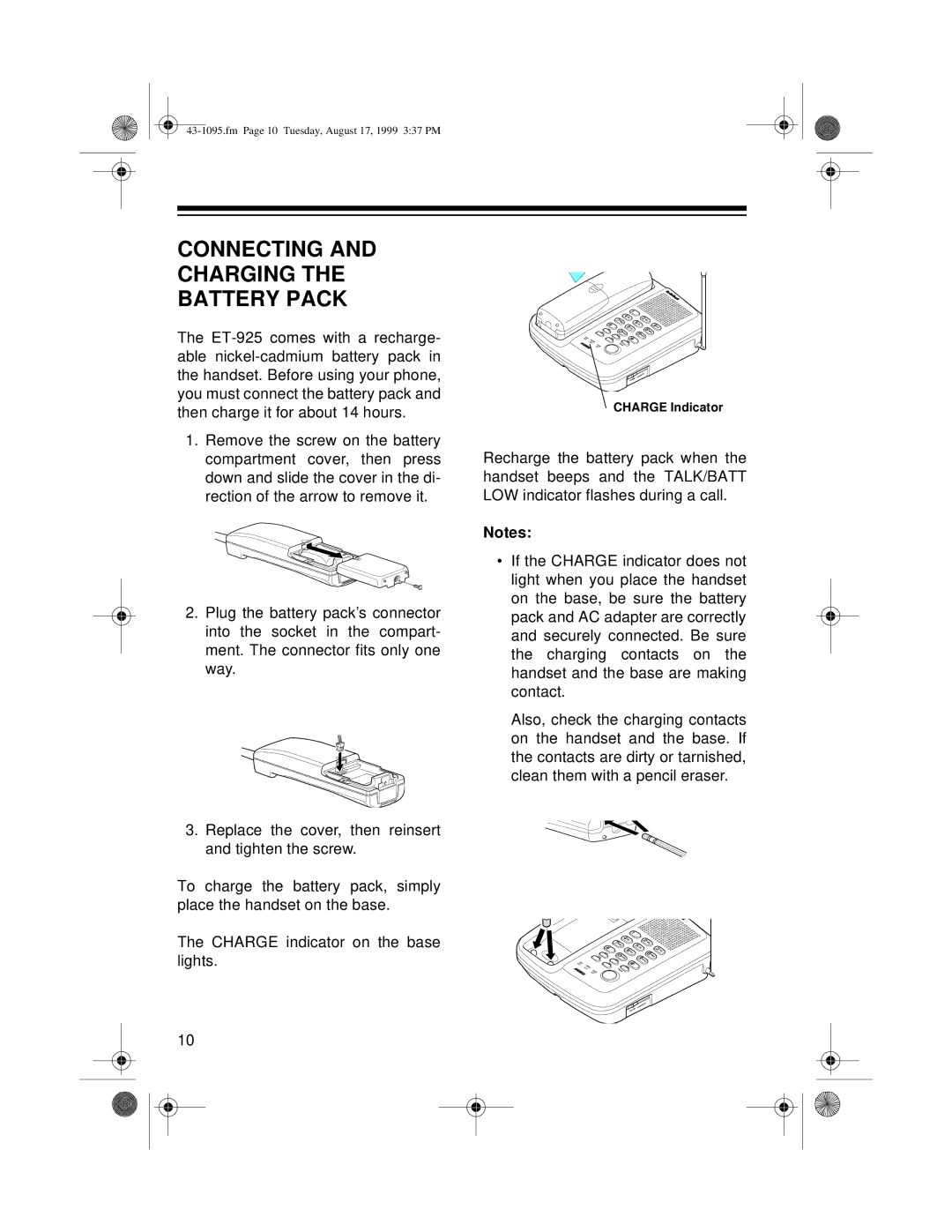 Radio Shack ET-925 owner manual Connecting and Charging the Battery Pack 