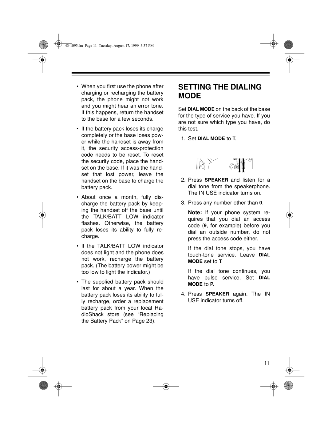 Radio Shack ET-925 owner manual Setting the Dialing Mode 