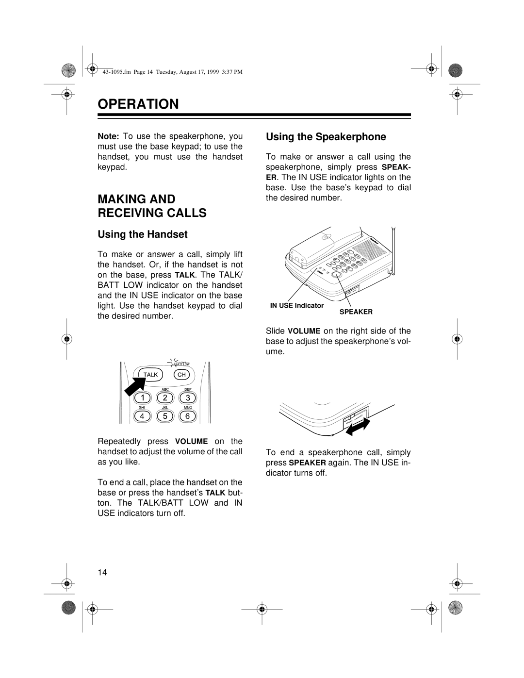 Radio Shack ET-925 owner manual Operation, Making Receiving Calls, Using the Handset, Using the Speakerphone 