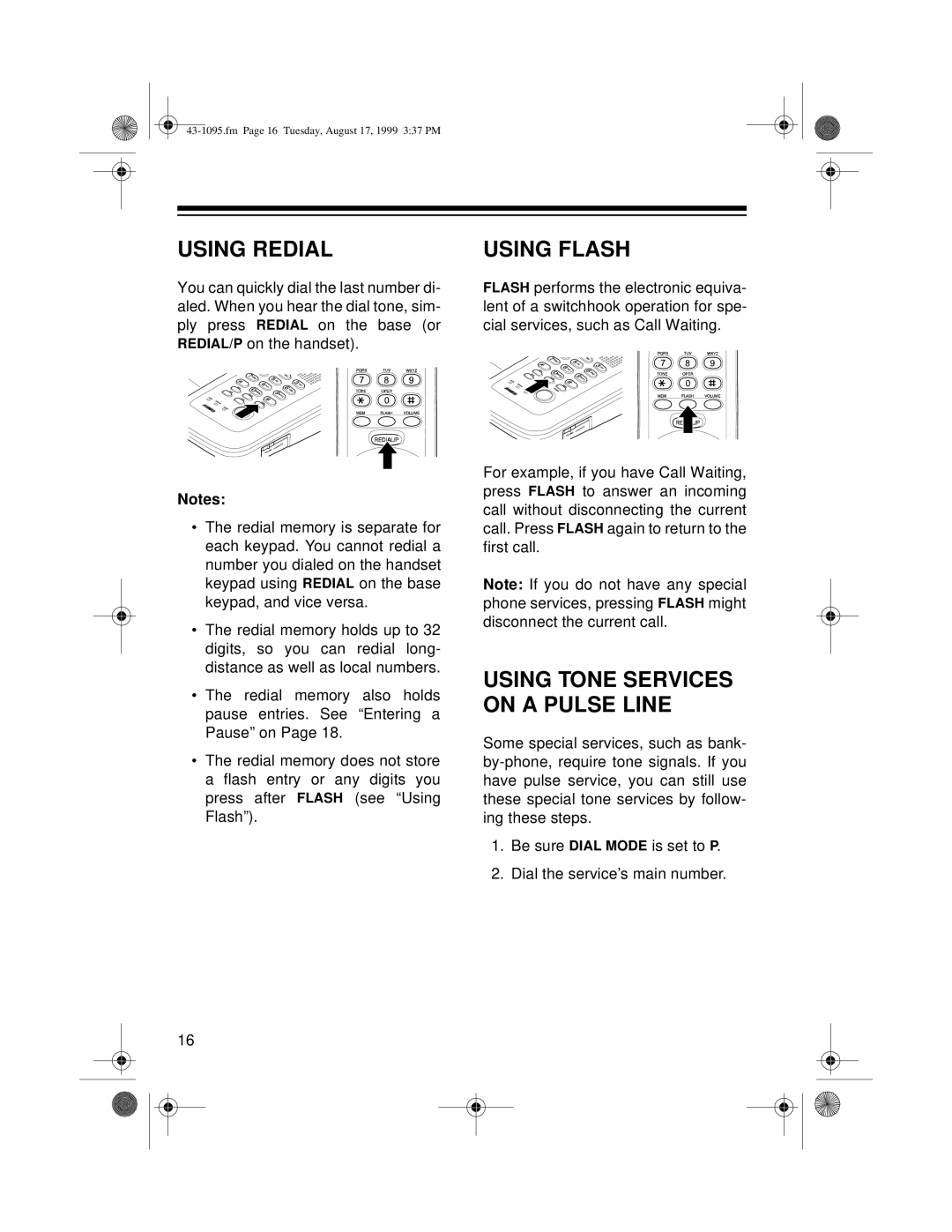 Radio Shack ET-925 owner manual Using Redial, Using Flash 