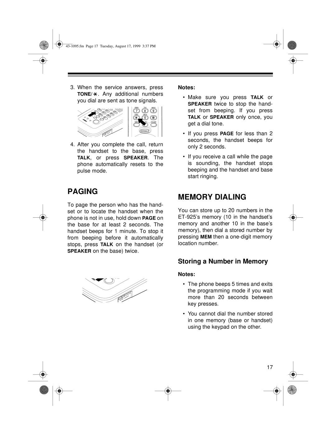 Radio Shack ET-925 owner manual Paging, Memory Dialing, Storing a Number in Memory 