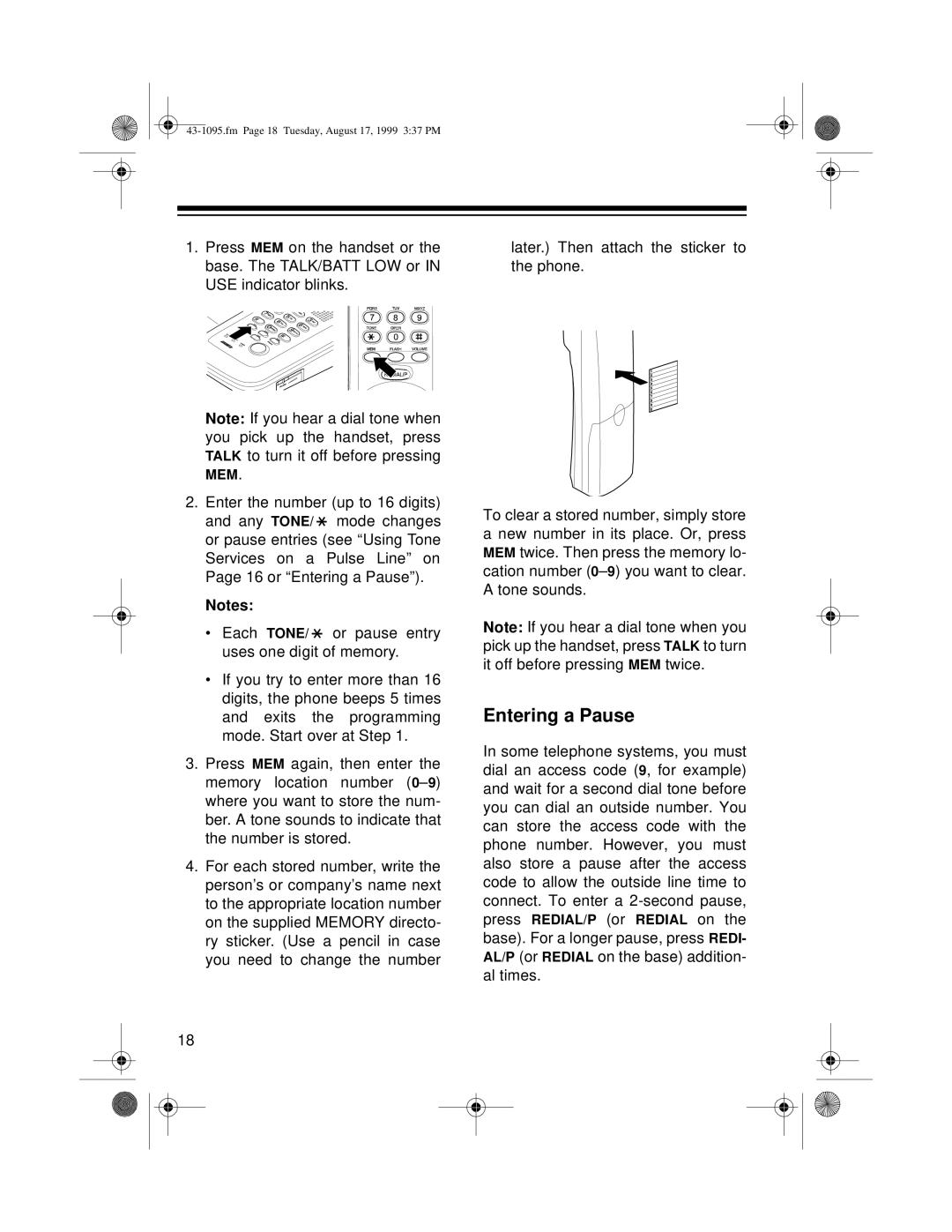 Radio Shack ET-925 owner manual Entering a Pause 