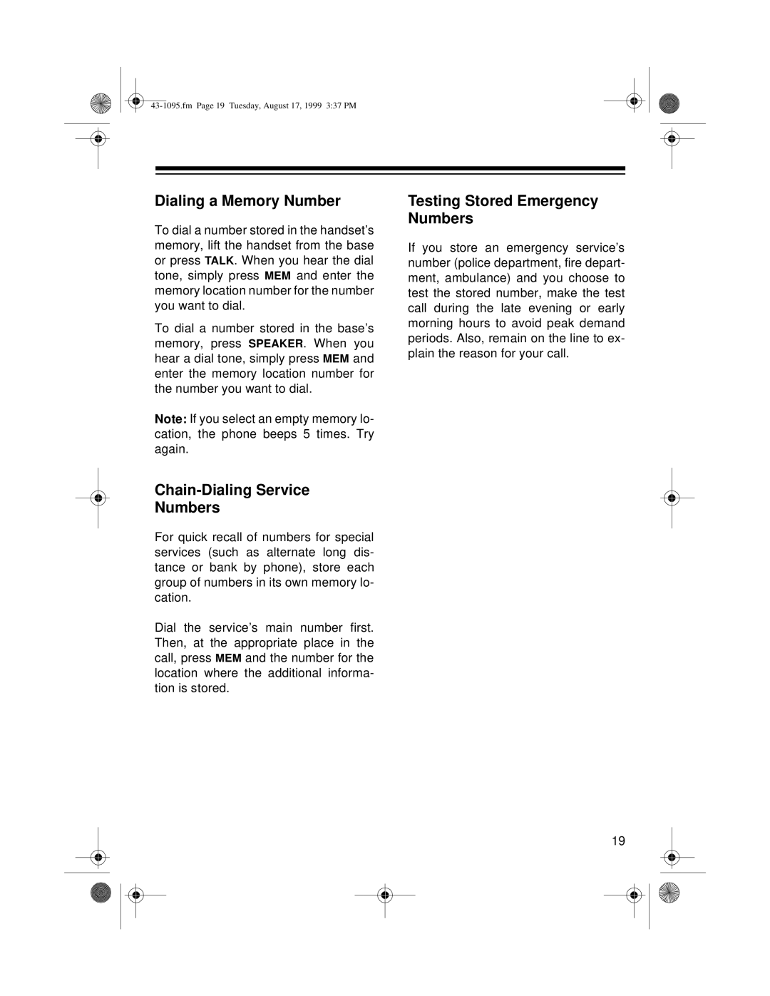 Radio Shack ET-925 owner manual Dialing a Memory Number, Chain-Dialing Service Numbers, Testing Stored Emergency Numbers 