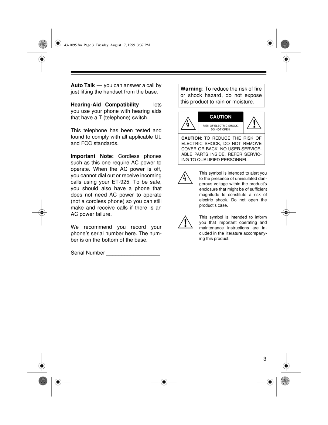 Radio Shack ET-925 owner manual Fm Page 3 Tuesday, August 17, 1999 337 PM 