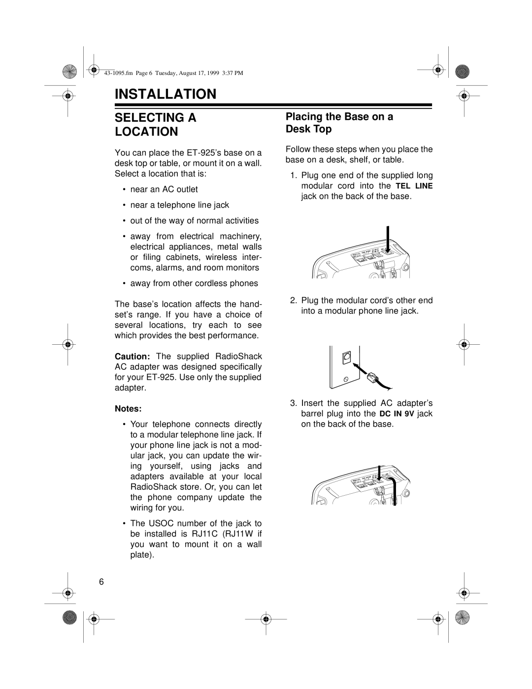 Radio Shack ET-925 owner manual Installation, Selecting a Location, Placing the Base on a Desk Top 