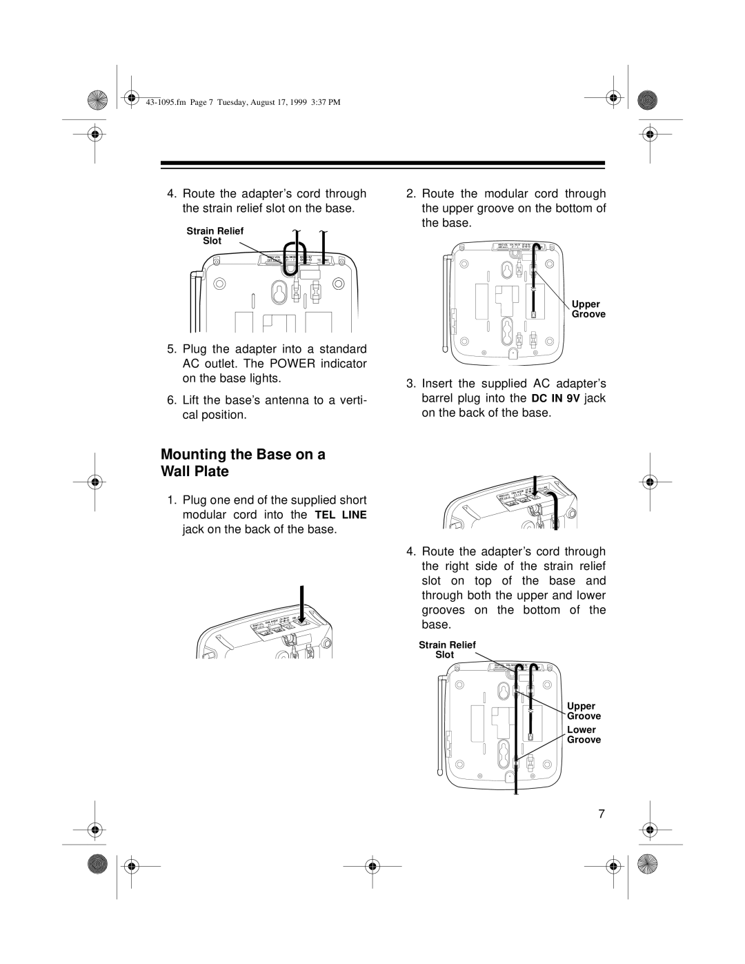 Radio Shack ET-925 owner manual Mounting the Base on a Wall Plate 