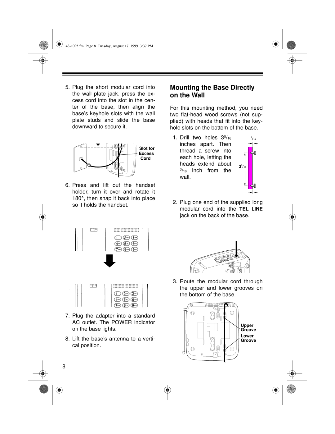 Radio Shack ET-925 owner manual Mounting the Base Directly on the Wall 