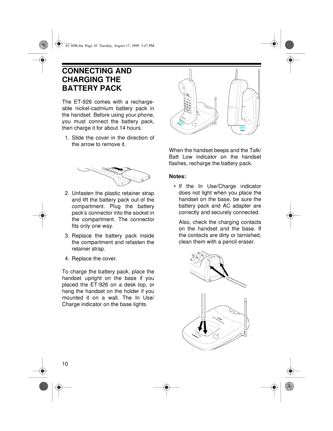 Radio Shack ET-926 owner manual Connecting and Charging the Battery Pack 