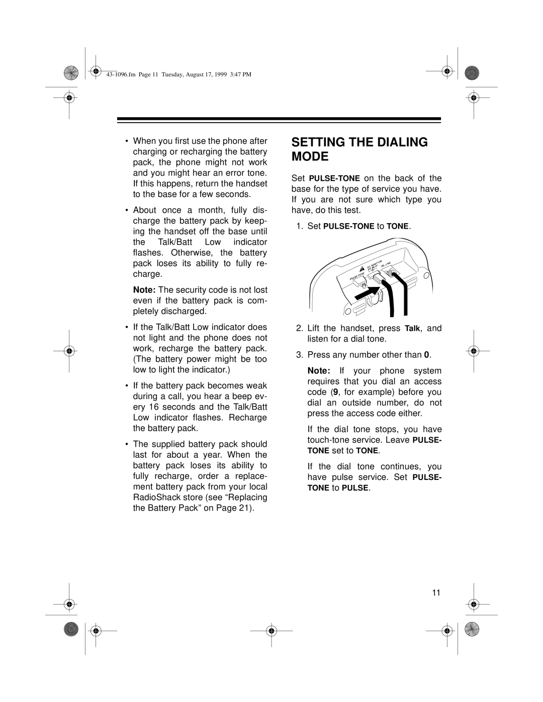 Radio Shack ET-926 owner manual Setting the Dialing Mode 