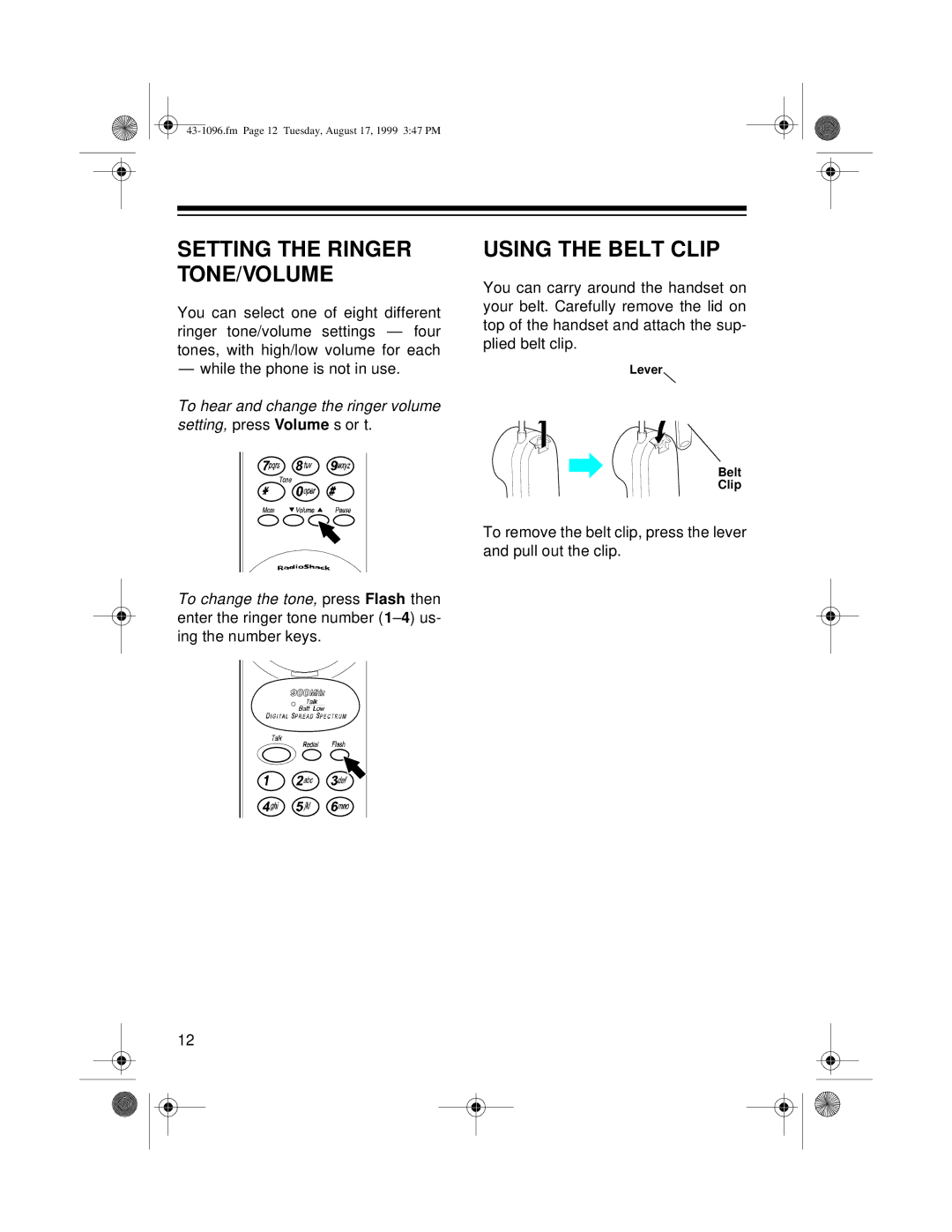 Radio Shack ET-926 owner manual Setting the Ringer TONE/VOLUME, Using the Belt Clip 