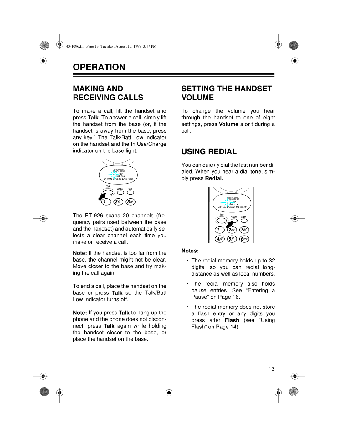 Radio Shack ET-926 owner manual Operation, Making Receiving Calls, Setting the Handset Volume, Using Redial 