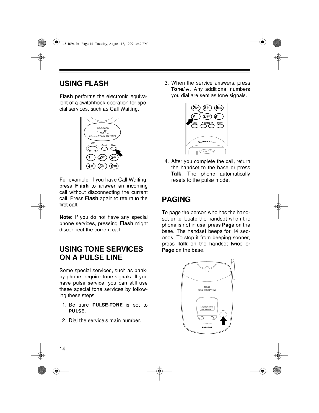 Radio Shack ET-926 owner manual Using Flash, Paging 