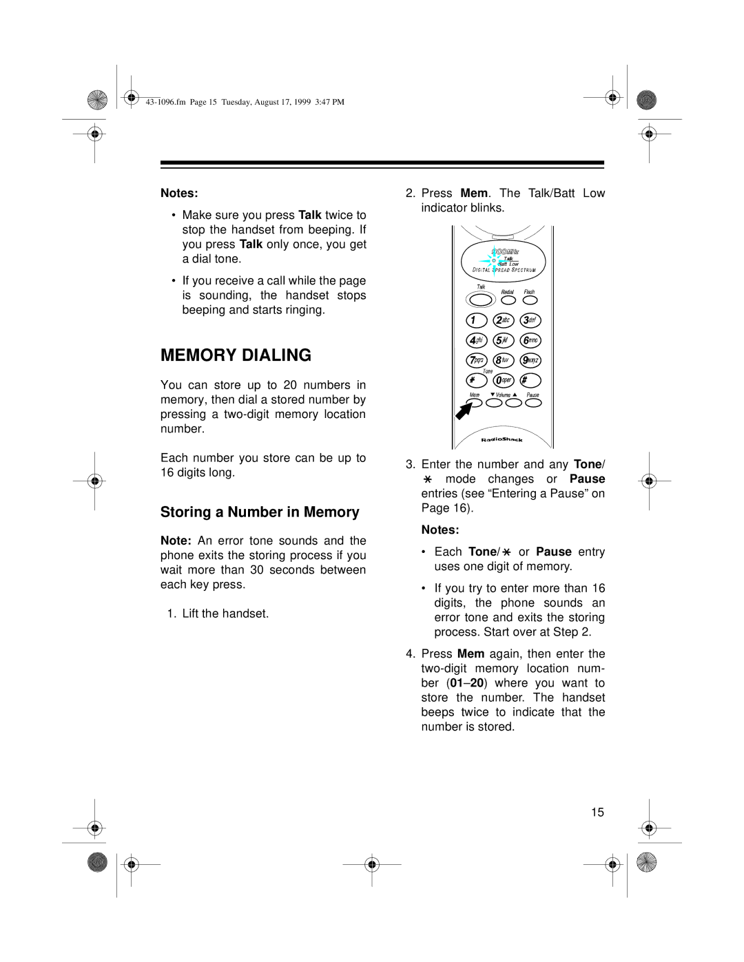 Radio Shack ET-926 owner manual Memory Dialing, Storing a Number in Memory 