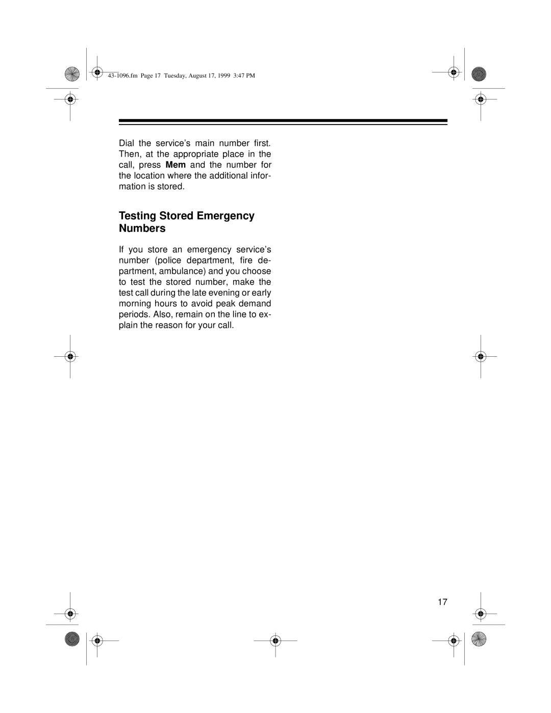 Radio Shack ET-926 owner manual Testing Stored Emergency Numbers 