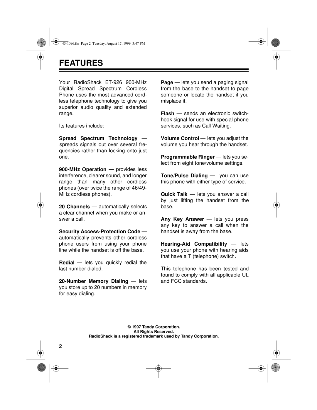 Radio Shack ET-926 owner manual Features 