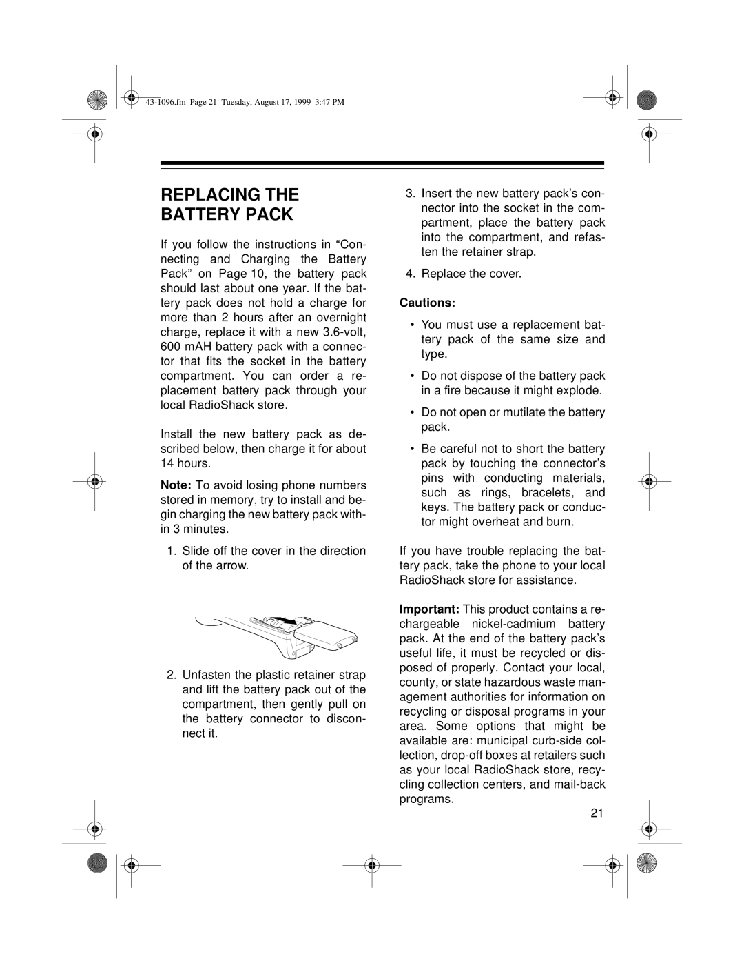 Radio Shack ET-926 owner manual Replacing Battery Pack 