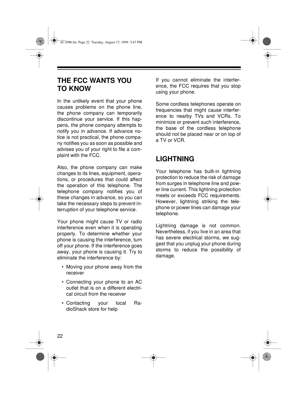 Radio Shack ET-926 owner manual FCC Wants YOU to Know, Lightning 