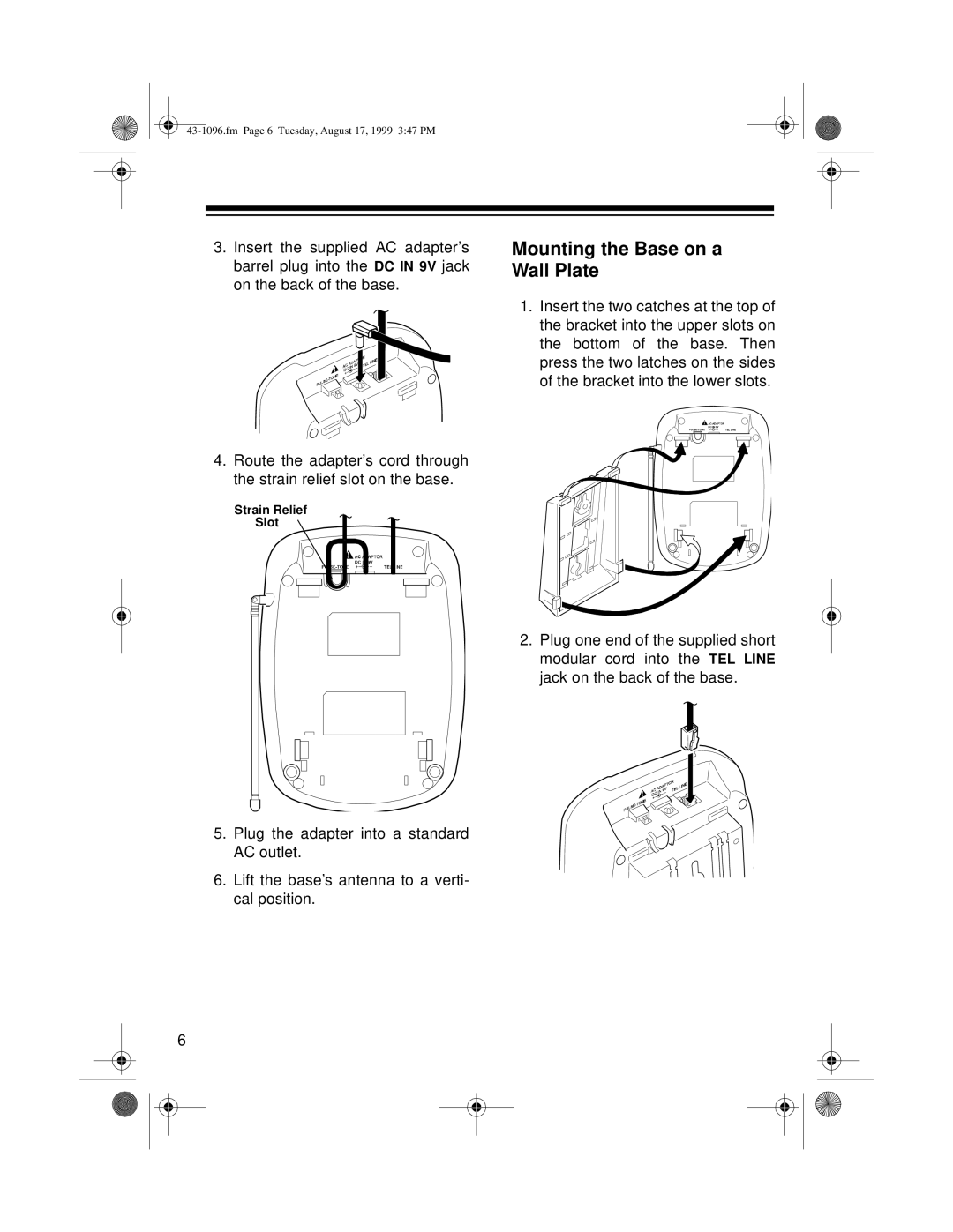 Radio Shack ET-926 owner manual Mounting the Base on a Wall Plate 