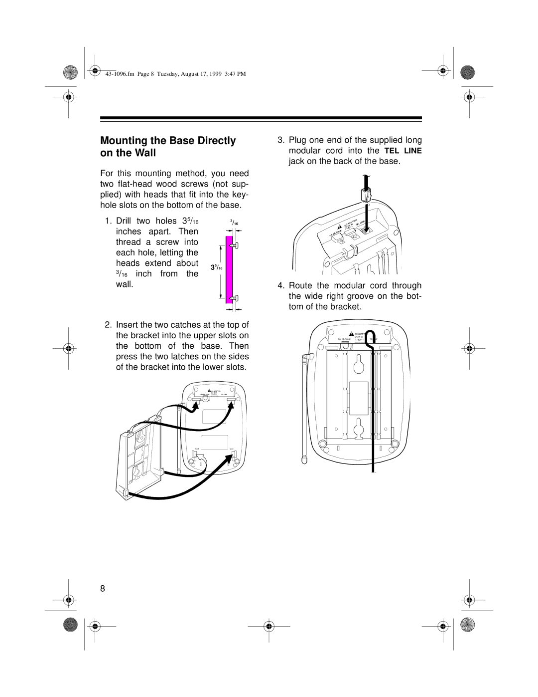 Radio Shack ET-926 owner manual Mounting the Base Directly on the Wall 