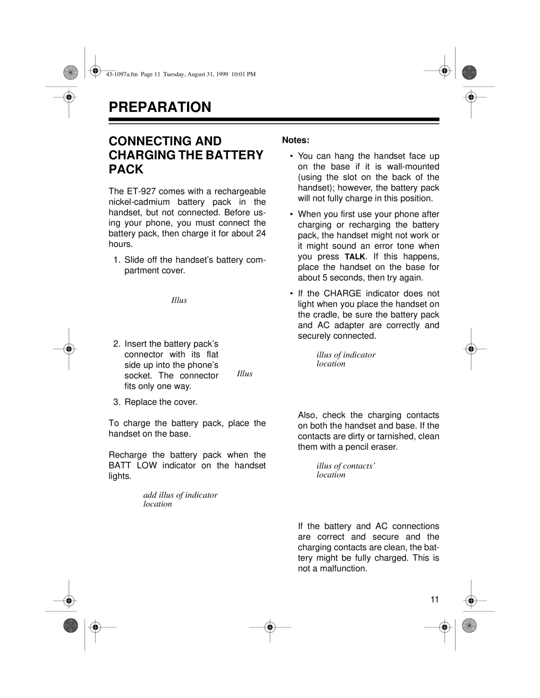 Radio Shack ET-927 owner manual Preparation, Connecting and Charging the Battery Pack 