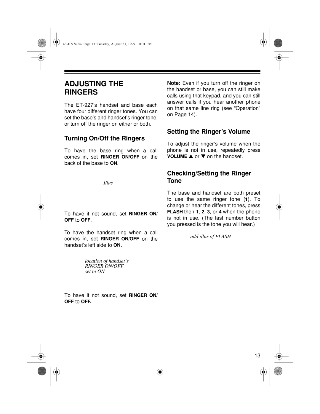 Radio Shack ET-927 owner manual Adjusting Ringers, Turning On/Off the Ringers, Setting the Ringer’s Volume 