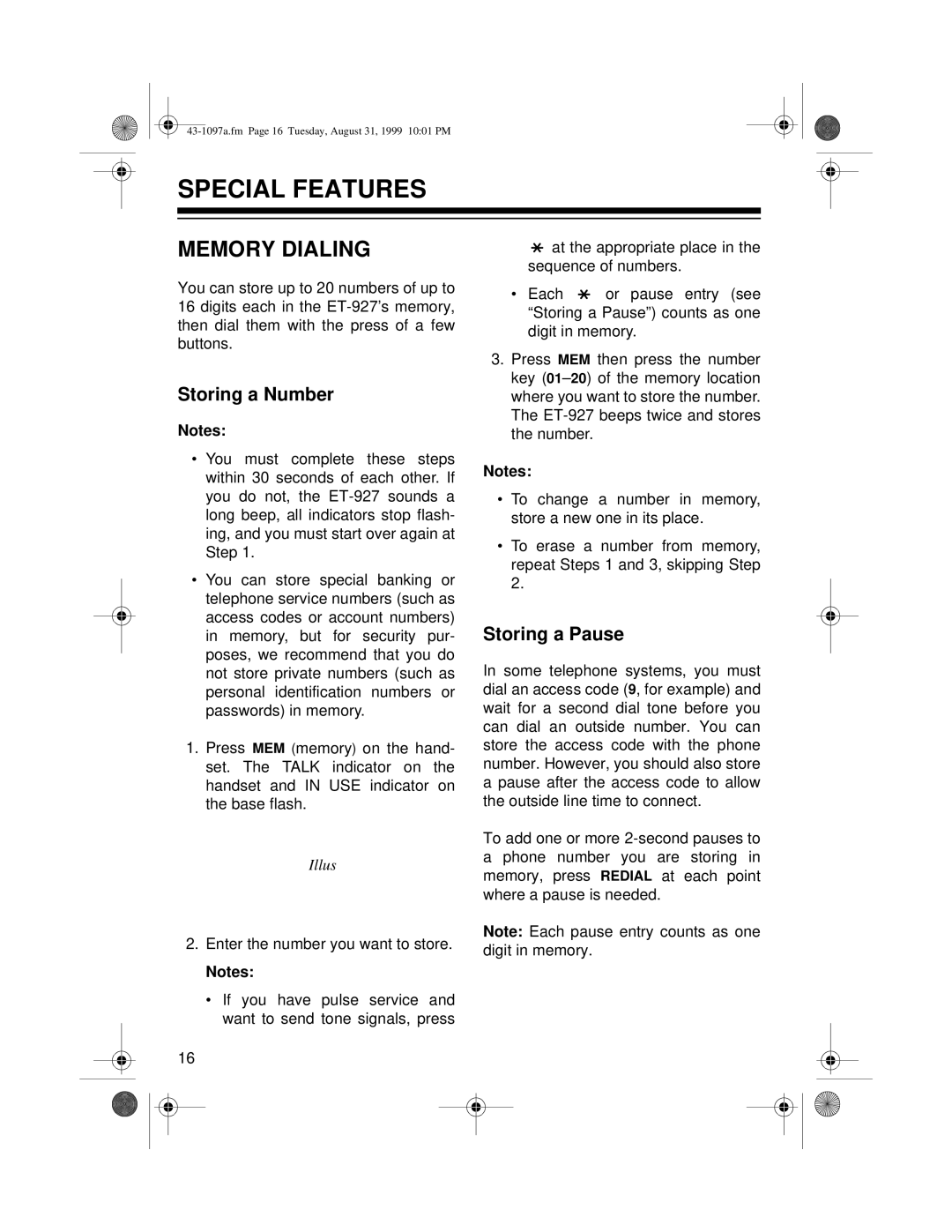 Radio Shack ET-927 owner manual Special Features, Memory Dialing, Storing a Number, Storing a Pause 