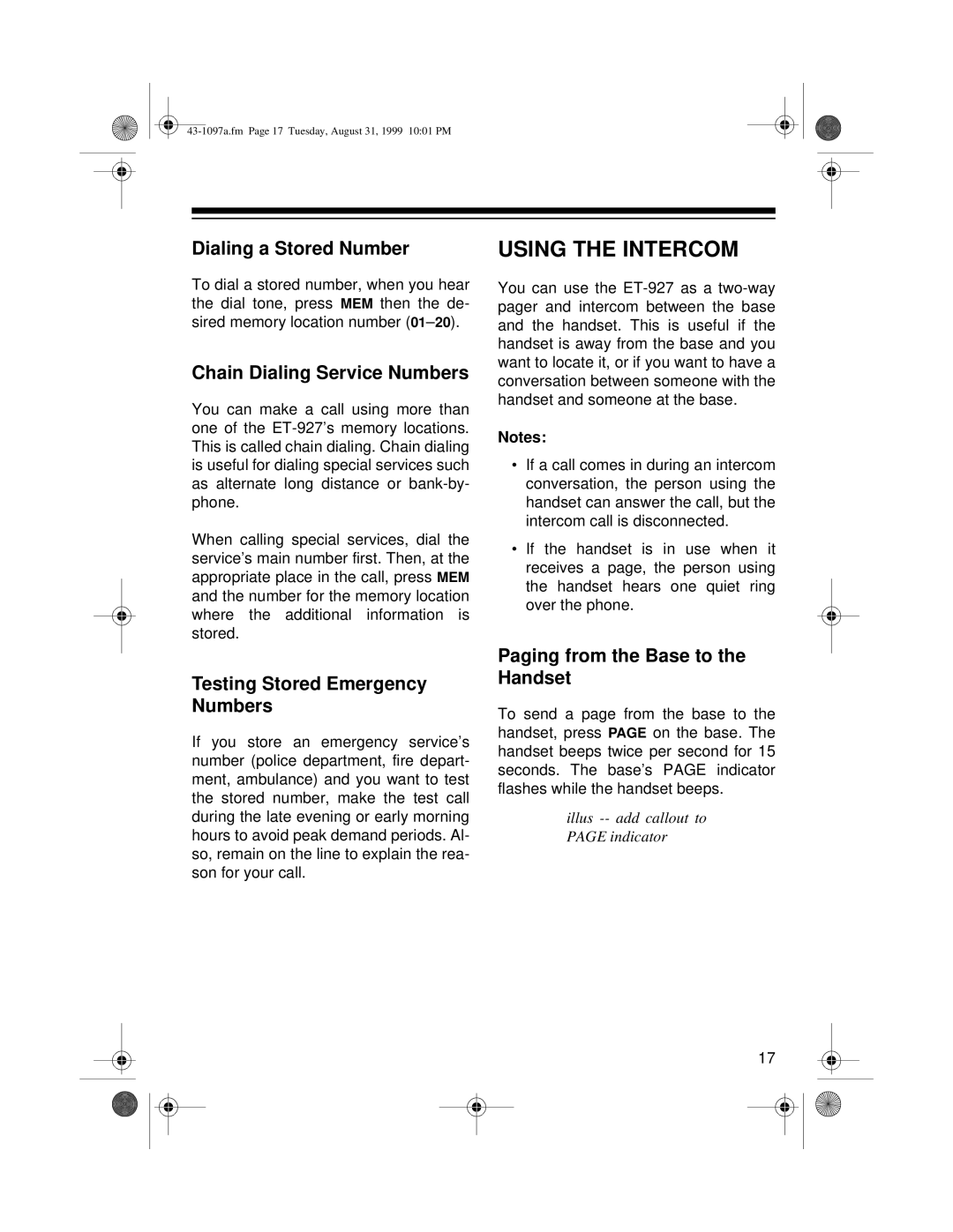 Radio Shack ET-927 owner manual Using the Intercom, Dialing a Stored Number, Chain Dialing Service Numbers 