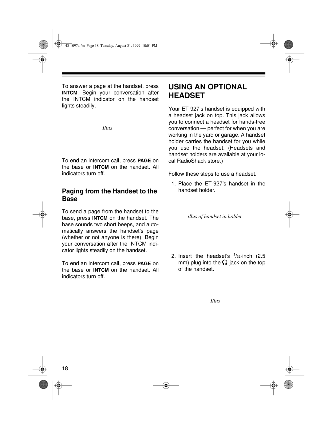 Radio Shack ET-927 owner manual Using AN Optional Headset, Paging from the Handset to the Base 