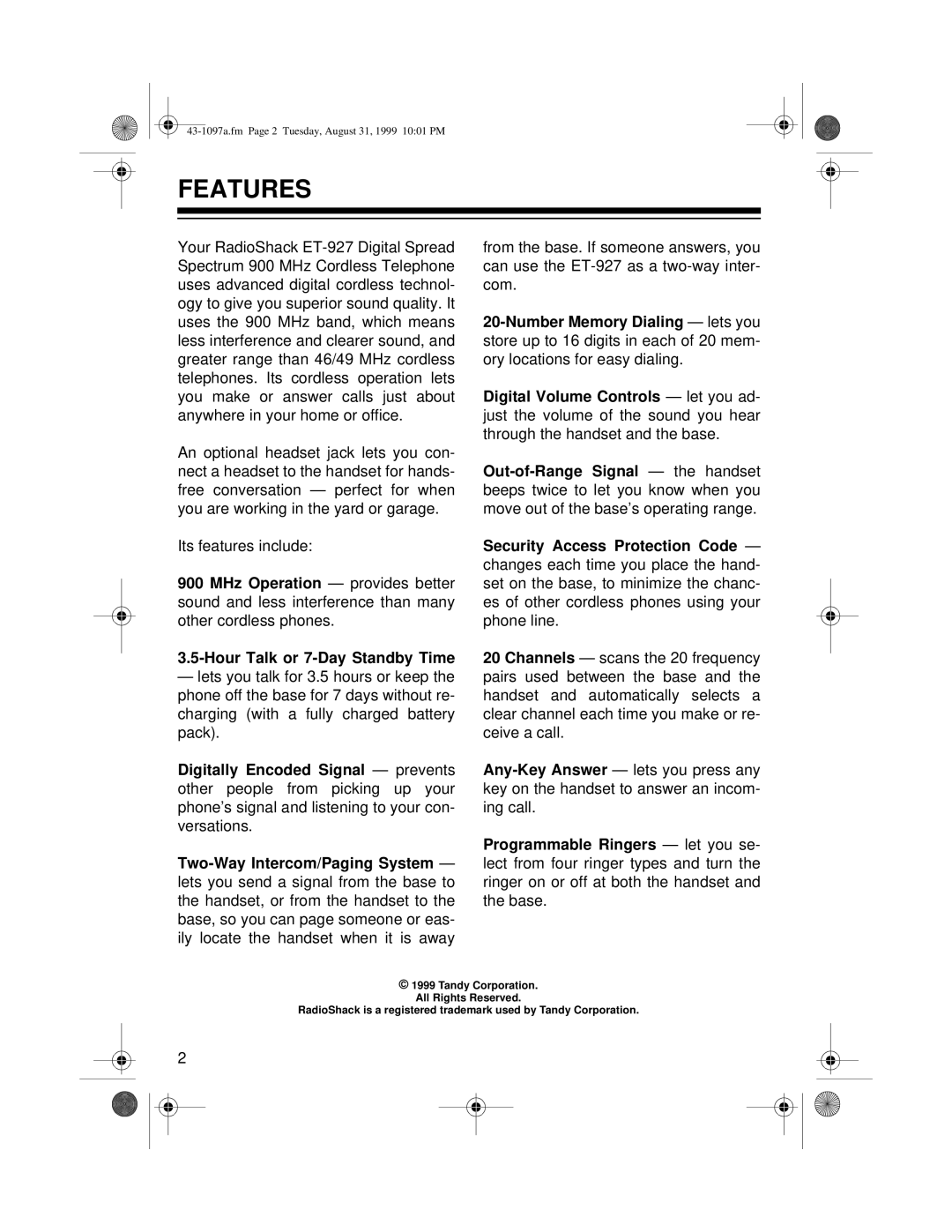 Radio Shack ET-927 owner manual Features 