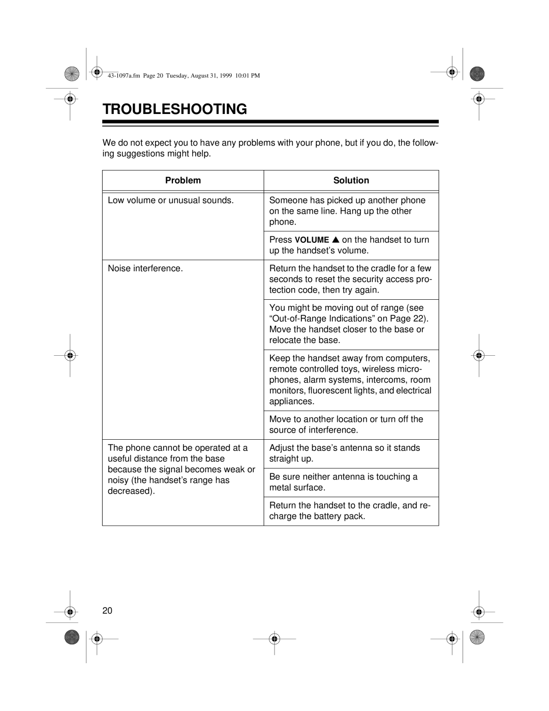 Radio Shack ET-927 owner manual Troubleshooting, Problem Solution 