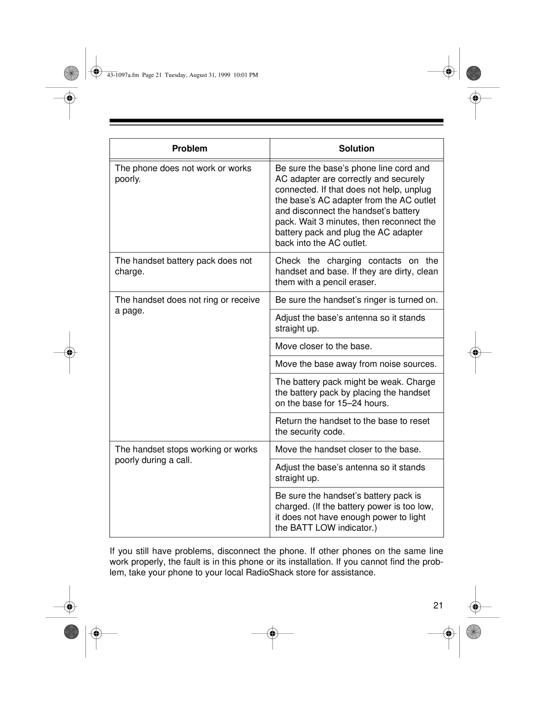 Radio Shack ET-927 owner manual 43-1097a.fm Page 21 Tuesday, August 31, 1999 1001 PM 