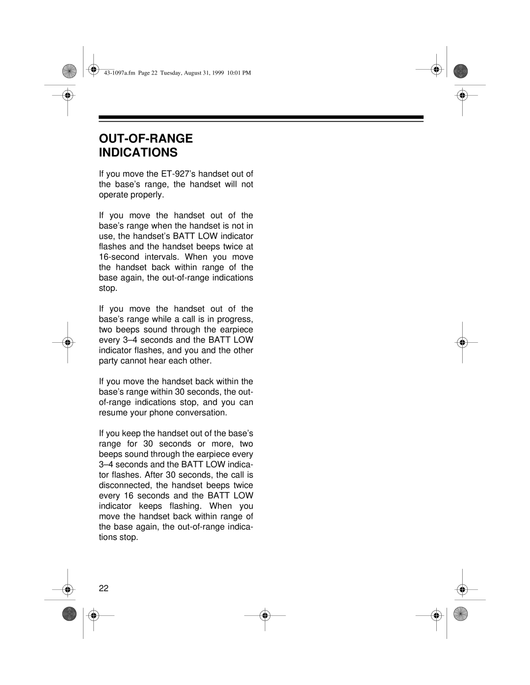 Radio Shack ET-927 owner manual OUT-OF-RANGE Indications 