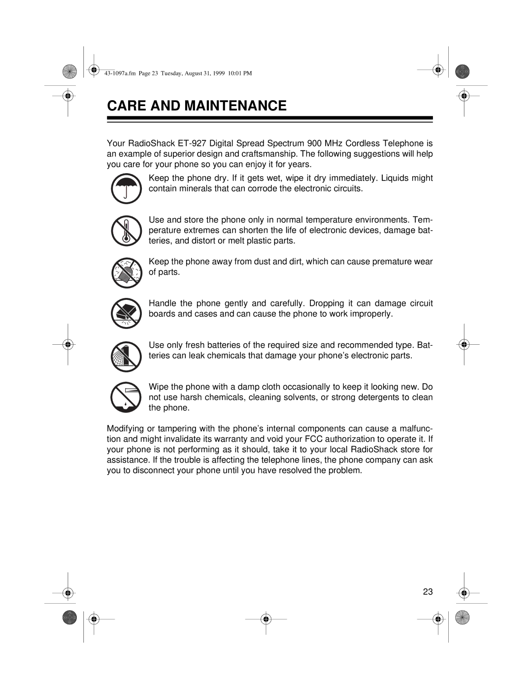 Radio Shack ET-927 owner manual Care and Maintenance 