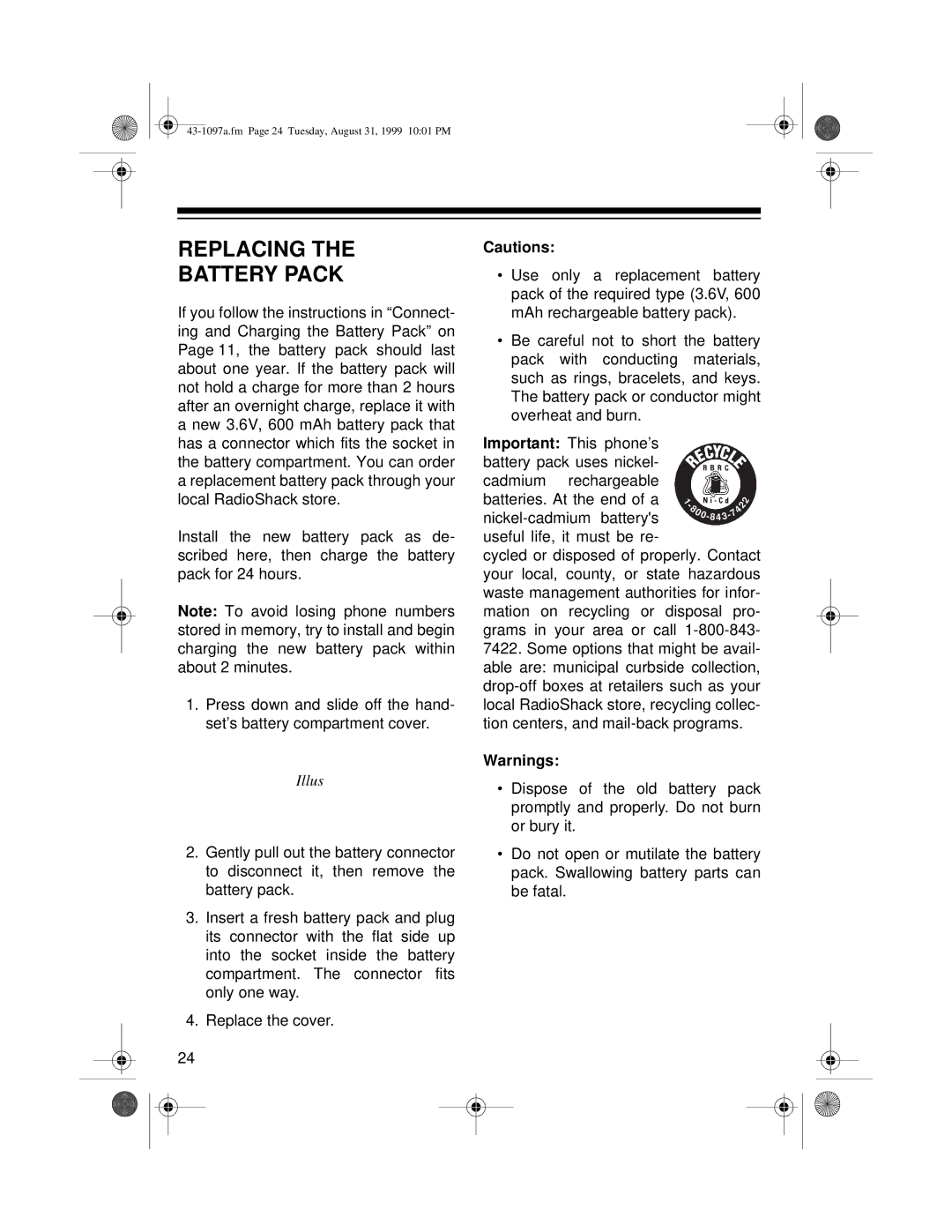 Radio Shack ET-927 owner manual Replacing Battery Pack 