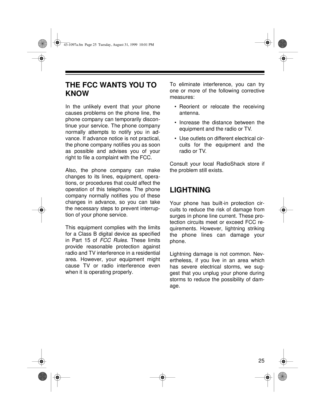 Radio Shack ET-927 owner manual FCC Wants YOU to Know, Lightning 