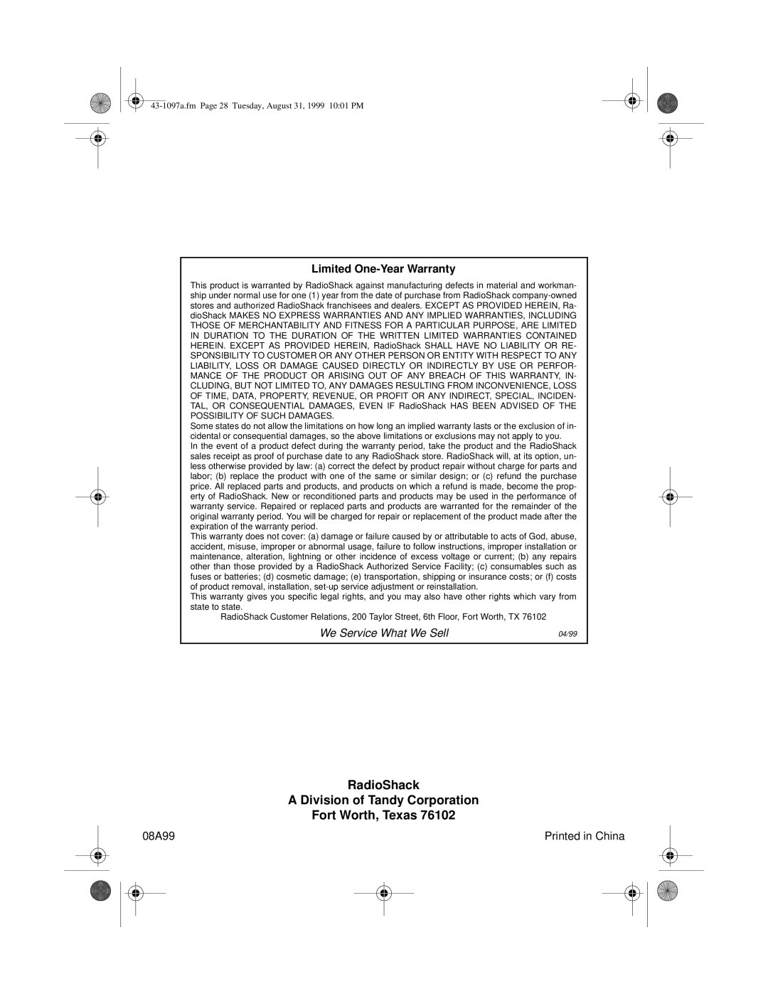 Radio Shack ET-927 owner manual RadioShack Division of Tandy Corporation Fort Worth, Texas 