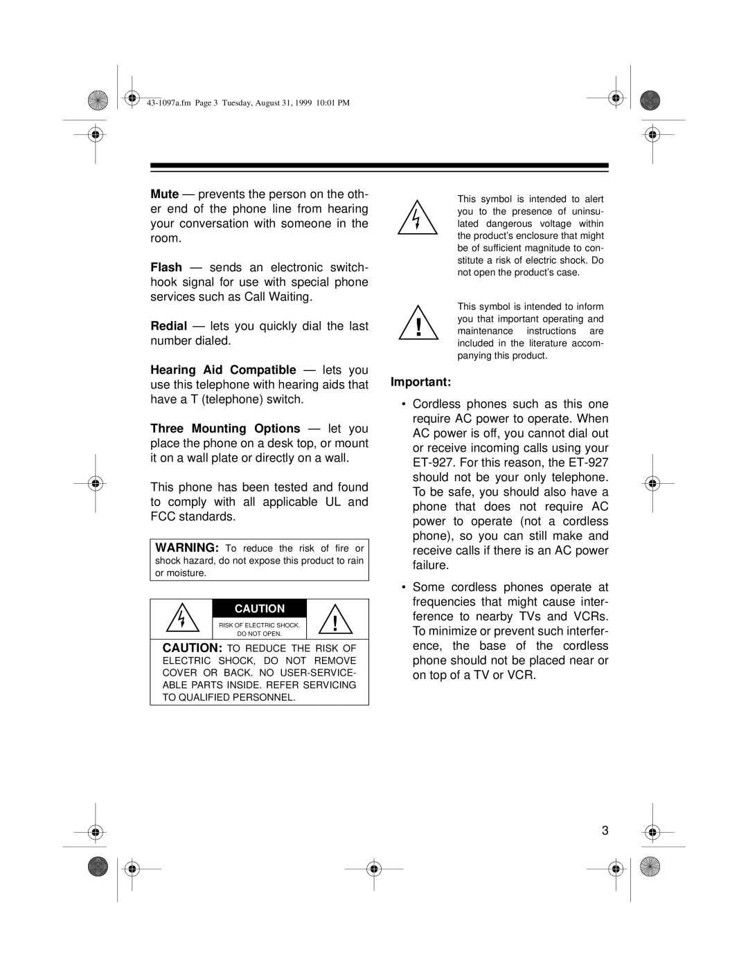 Radio Shack ET-927 owner manual 43-1097a.fm Page 3 Tuesday, August 31, 1999 1001 PM 