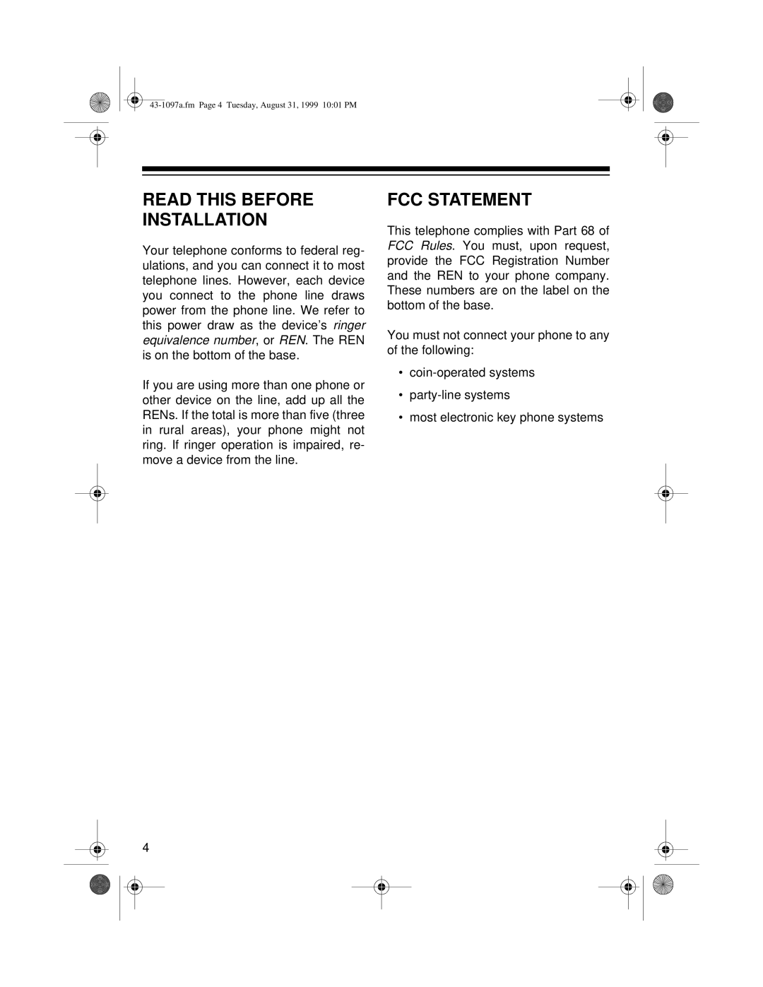 Radio Shack ET-927 owner manual Read this Before Installation, FCC Statement 