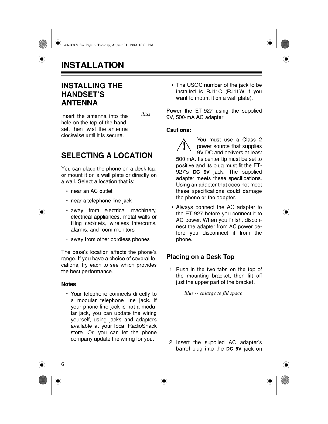 Radio Shack ET-927 owner manual Installation, Installing HANDSET’S Antenna, Selecting a Location, Placing on a Desk Top 